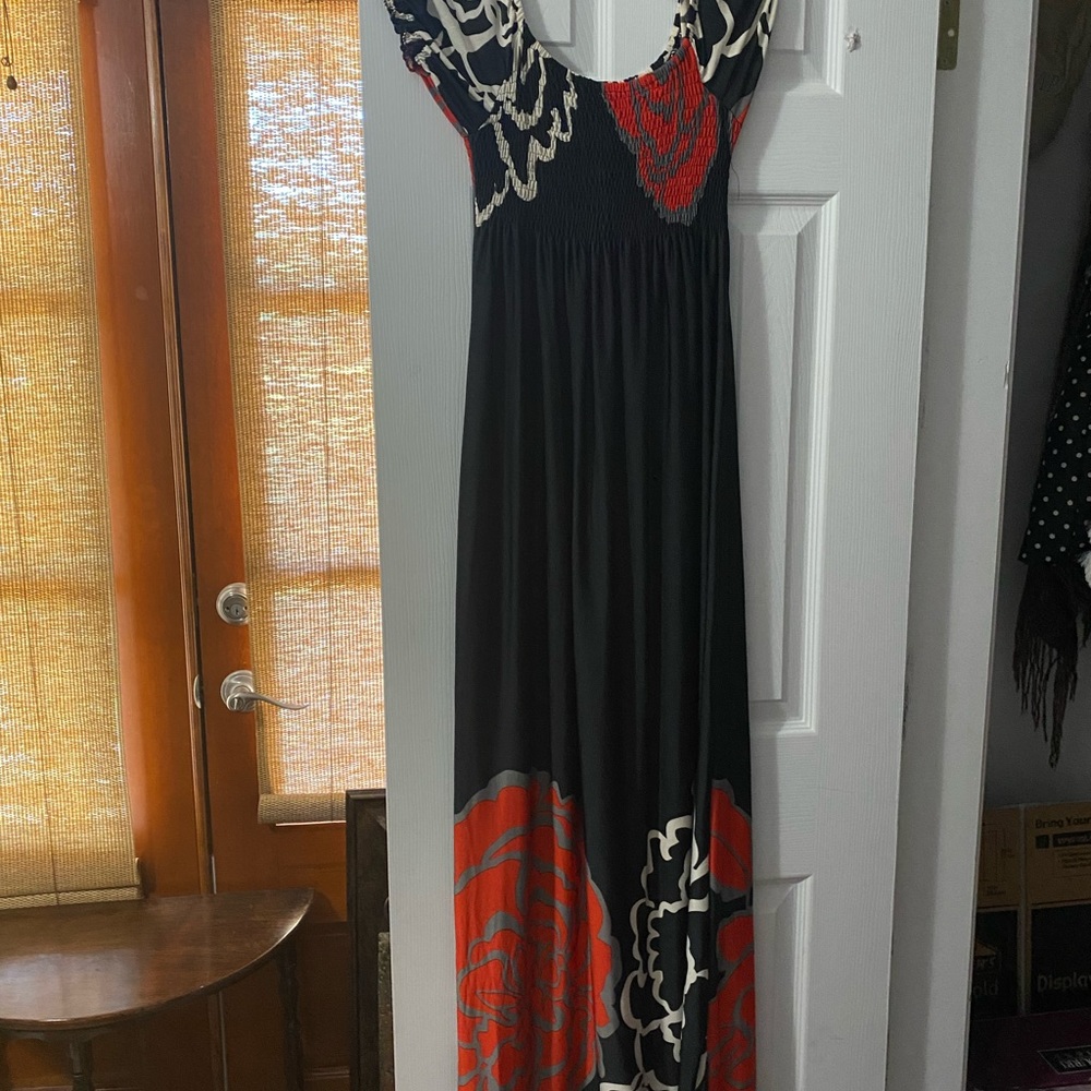 Black Maxi Dress with Red Floral Print - Women